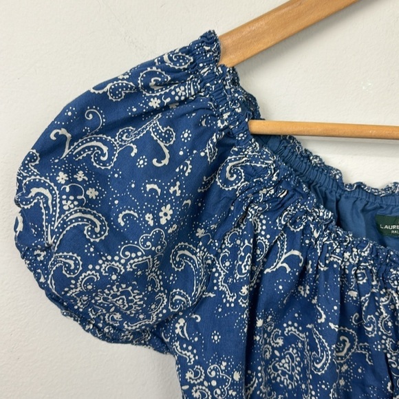 LRL Lauren Ralph Lauren Y2K Blue Paisley Smocked Peasant Top Sz S/M - Picture 4 of 10